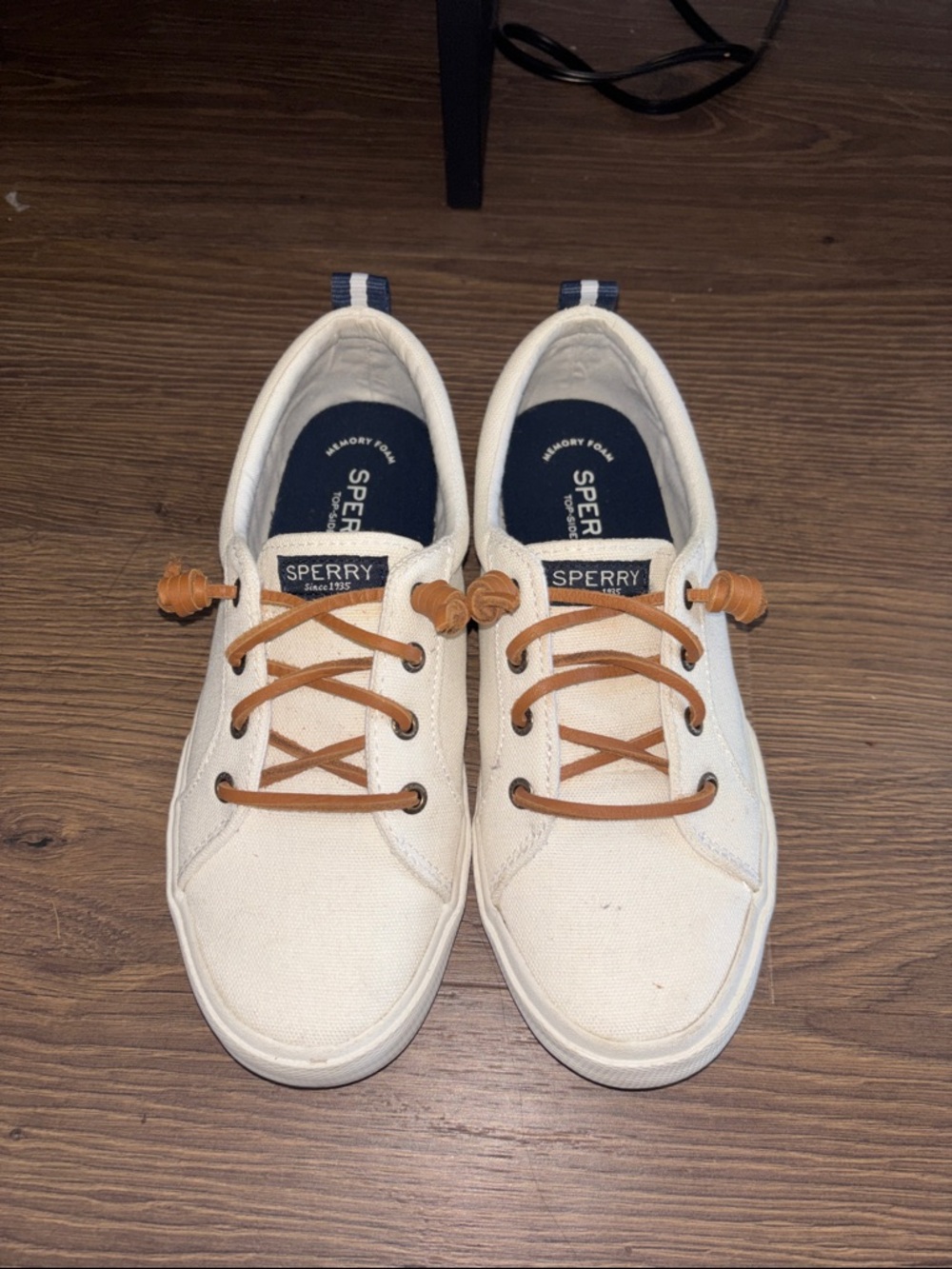 White Sperry Shoes with Brown Faux Leather Laces